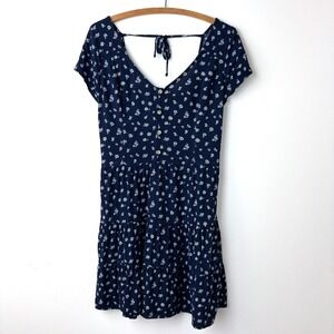 Hollister Floral Y2K Babydoll Dress L Navy Blue Coquette Cottagecore Milkmaid